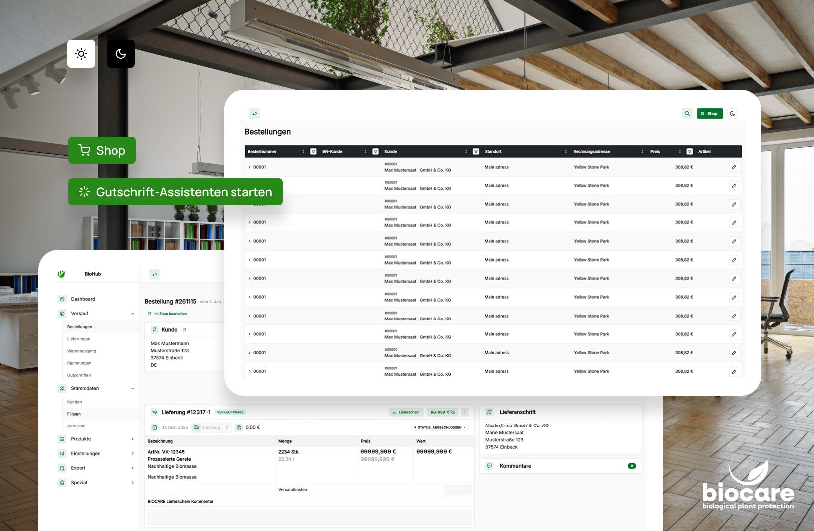 Zwei Screenshots des neuen ERP Systems für BIOCARE zeigen die Übersicht der Bestellungen als Liste und die Detailansicht mit allen Angaben zur Bestellung
