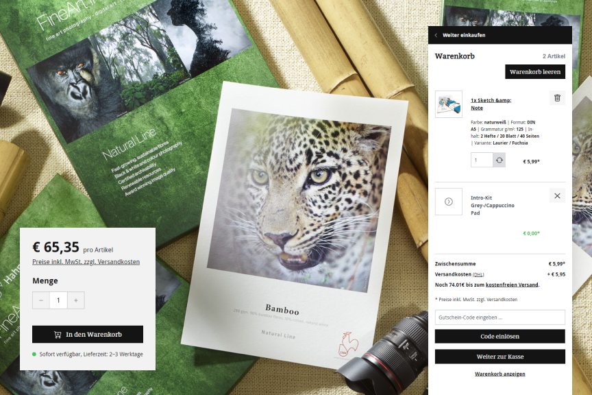 Produktseite mit Leopardenposter „Bamboo“, Preisbox, Warenkorb und dekorativen Fotobüchern im Hintergrund.