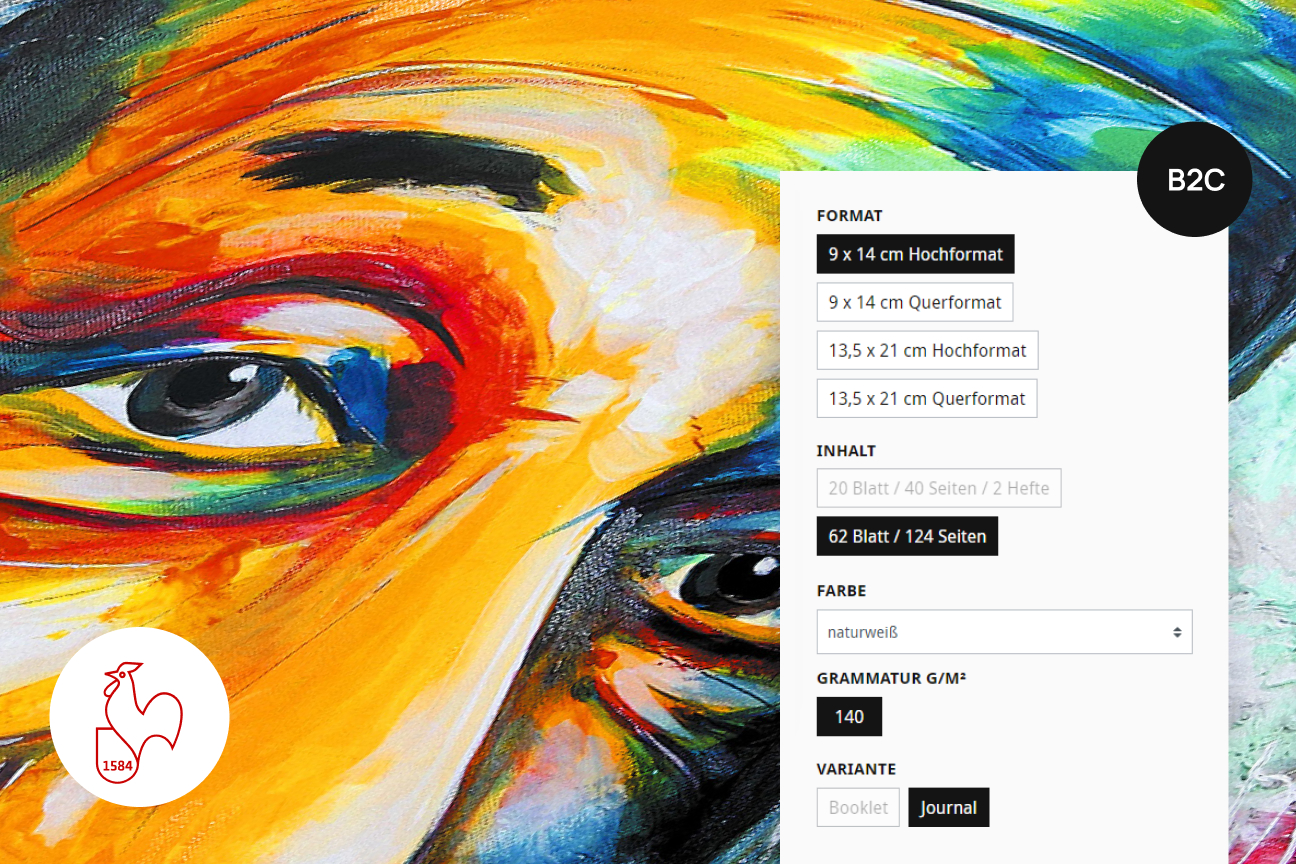Produktvarianten mit farbigem Kunstmotiv und auswählbaren Formaten für Journal-Hefte im B2C-Shop