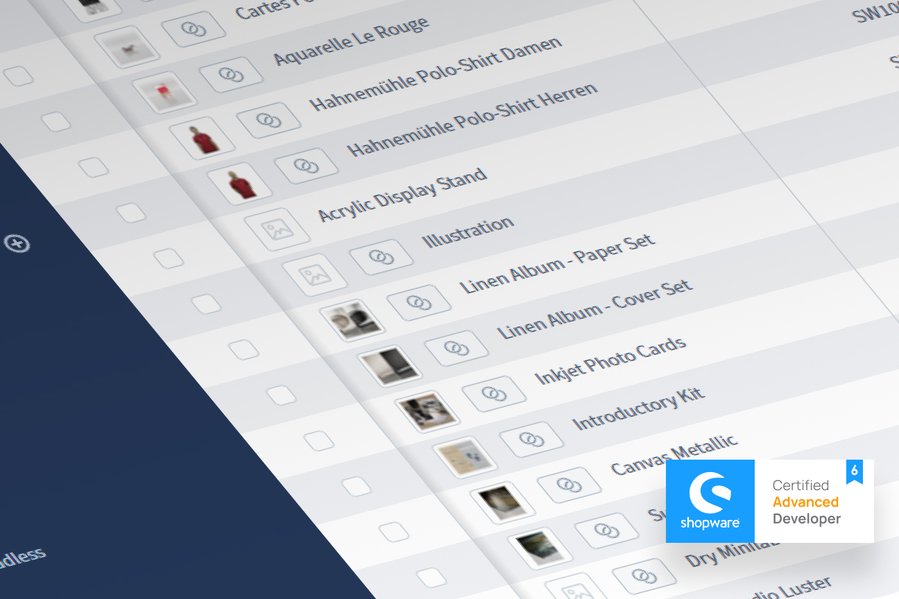 Produktübersicht in Shopware mit Artikelliste und eingeblendeter Auszeichnung als Certified Advanced Developer