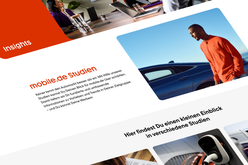 Website-Ausschnitt zu mobile.de Studien mit Insights-Bereich, Textabschnitten und Bildmotiven aus dem Automobilumfeld
