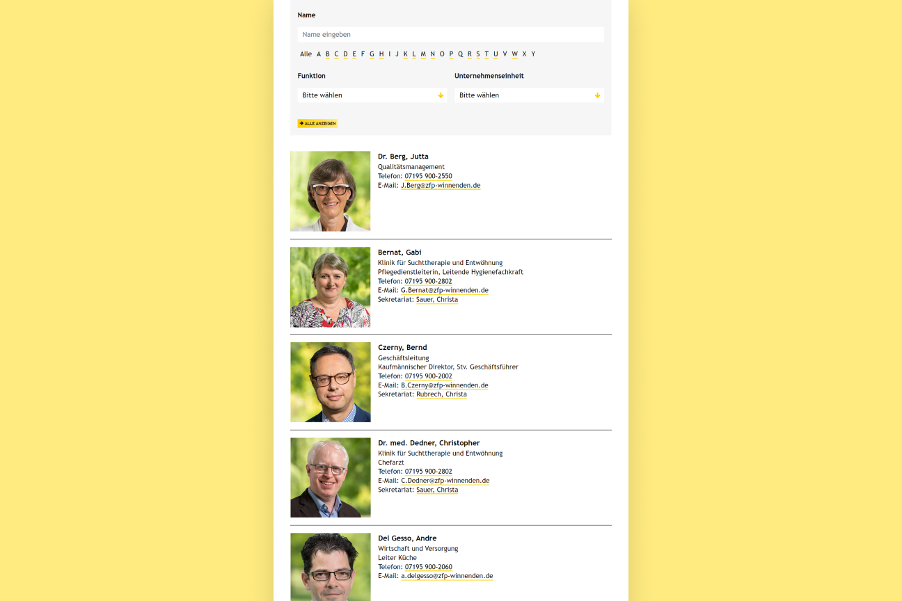 Mitarbeiterverzeichnis des Klinikums Schloß Winnenden mit Suchfiltern, Porträtfotos und Kontaktdaten