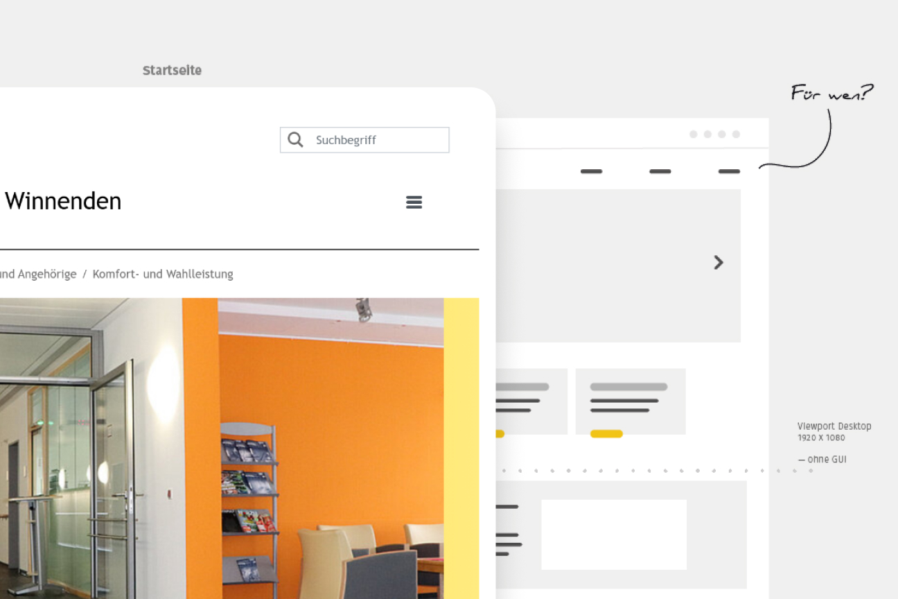 UX-Entwurf der Klinikwebsite mit Suchfeld, Wireframe-Elementen und handschriftlicher Notiz zur Zielgruppe